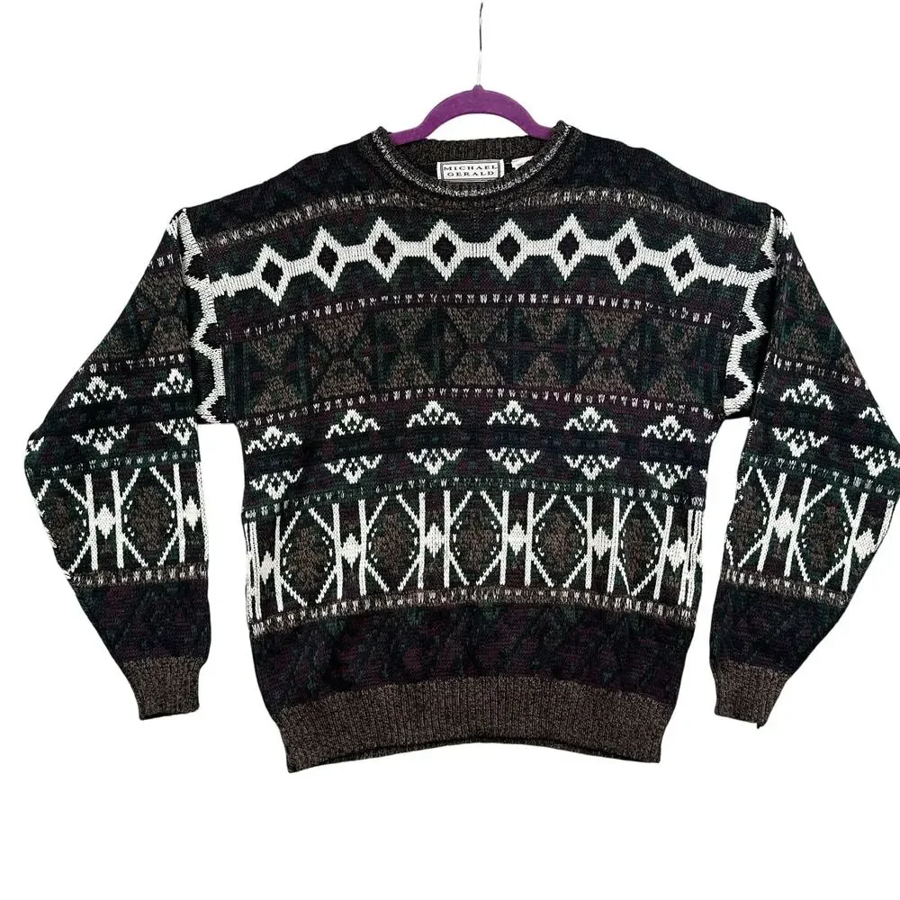 VTG 90s Sweater L Grandpa Jumper Chunky Kurt Cobain Barnaby Grunge Abstract Busy